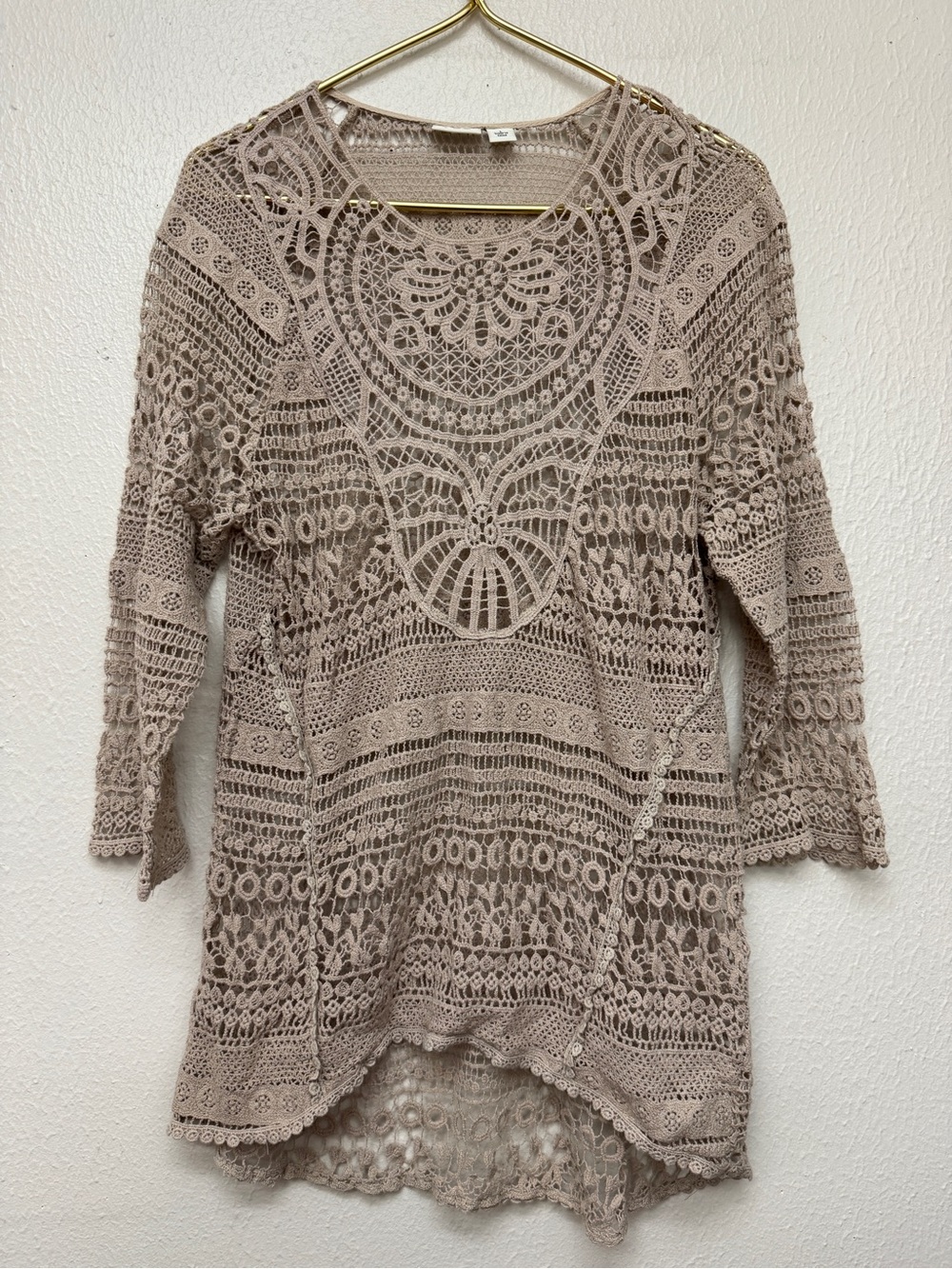 Cato Crochet Lace Tunic Sweater - Taupe Large